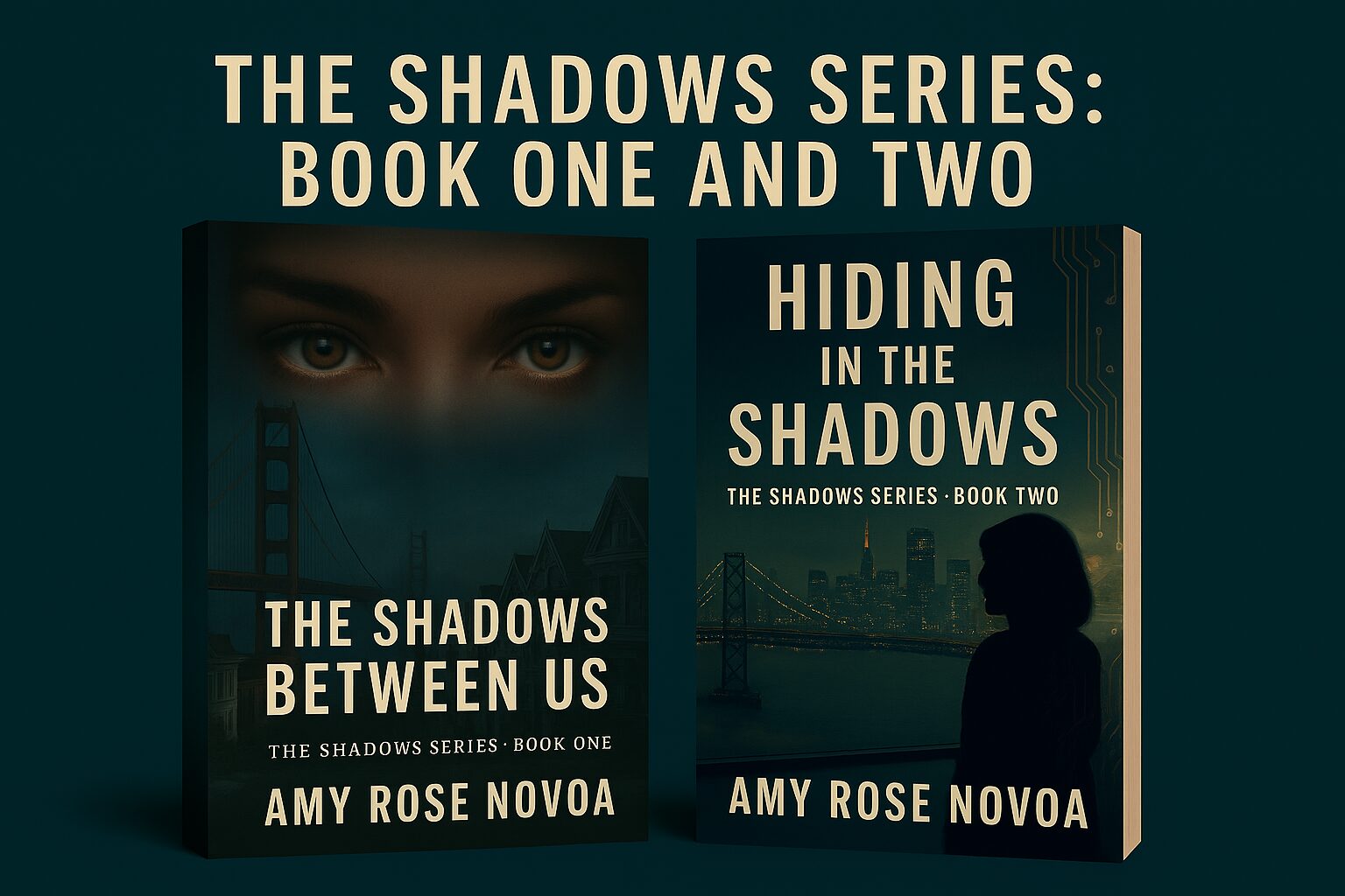 Book covers for 'The Shadows Series' by Amy Rose Novoa featuring mysterious eyes and dark themes.